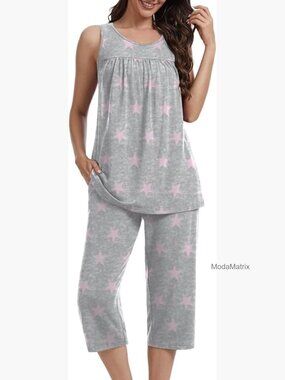 2pc Sleeveless Tank & Capri Pajama Set with Pockets, Soft Stretchy Lounge Set
